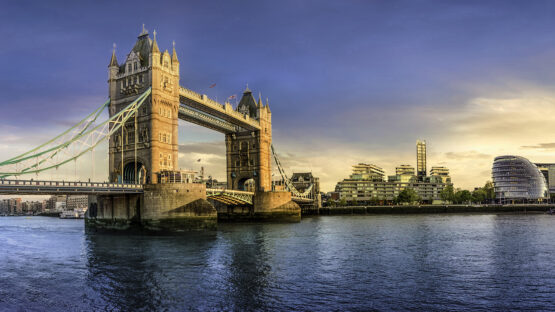 The skyline of London: from the Tower Bridge to London Bridge during sunset time, United Kingdom
